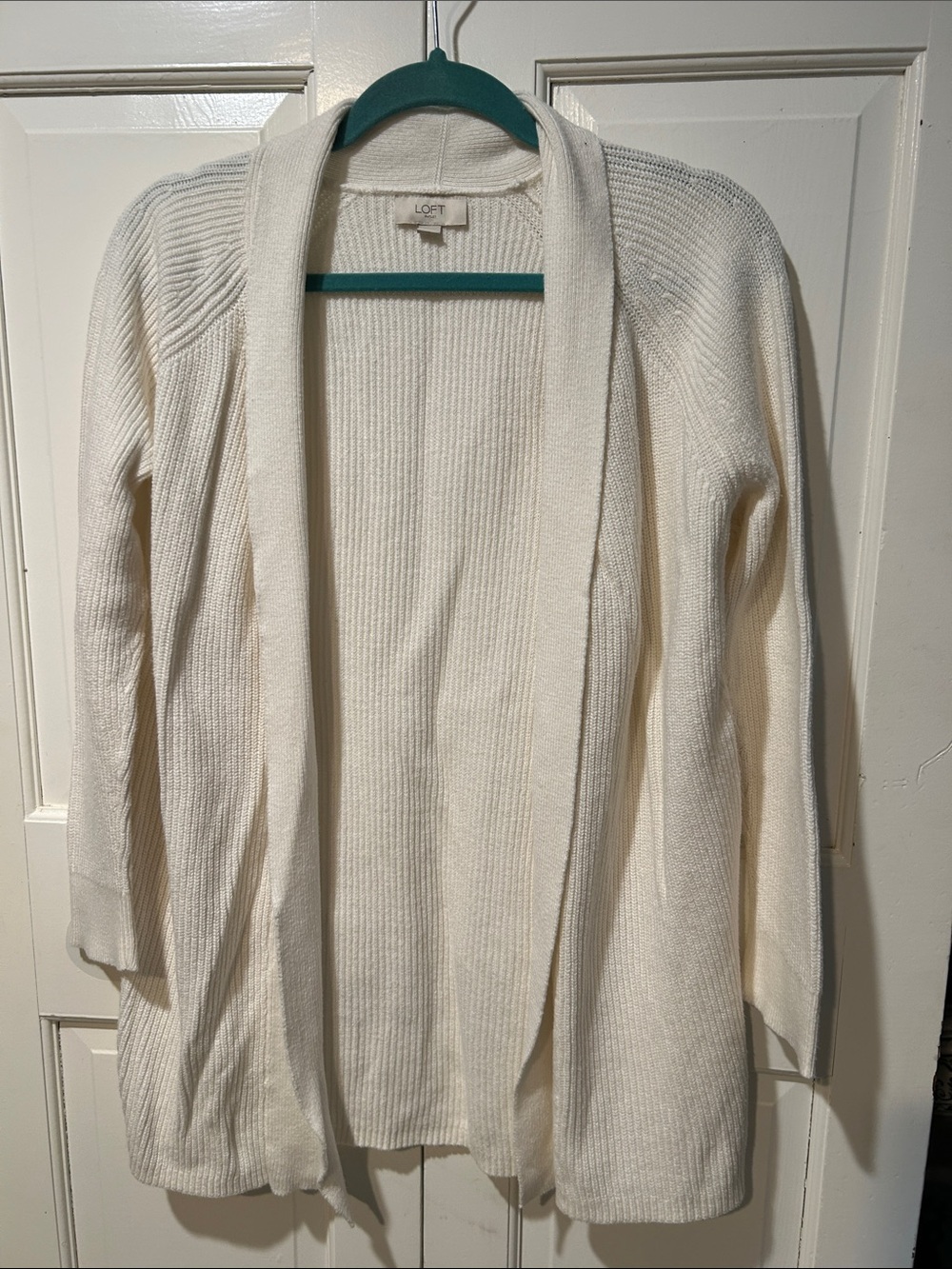 LOFT Cream Open-Front Ribbed Cardigan Sweater